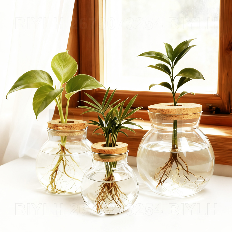 Hydroponic Grow Pod - แจกันแก้วปลูกพืชแบบไฮโดรโปนิกส์ พร้อมฝาไม้ก๊อก ของตกแต่งบ้าน กระถางต้นไม้ใส อุปกรณ์ทำสวน ขวดจัดสวนขนาดเล็ก