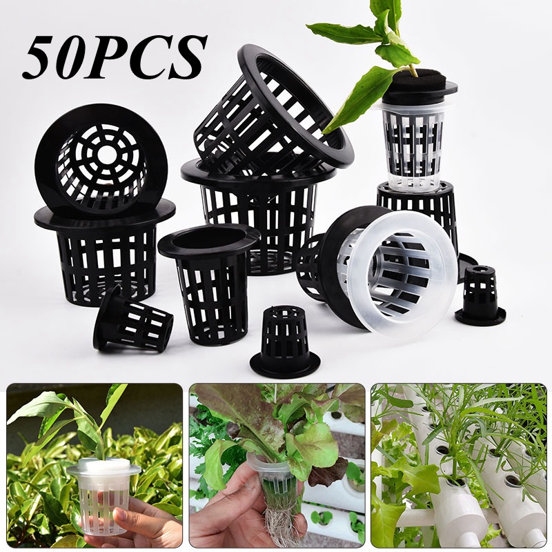 Hydroponic Grow Pod - กระถางปลูกต้นไม้แบบตาข่ายไร้ดิน สีดำขาว 50 ชิ้น, ตะกร้าตาข่ายสำหรับเพาะปลูกผัก, ถาดรองกระถางเพาะชำ,