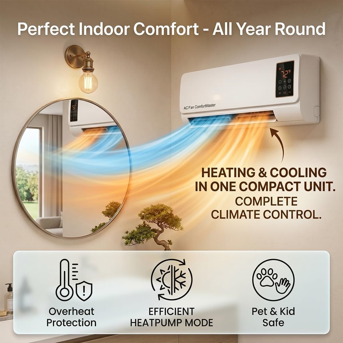 Smart Garden Rooms - เครื่องปรับอากาศและเครื่องทำความร้อนติดผนัง 1800W แบบ 2-in-1, เครื่องปรับอากาศแบบพกพาติดผนังไม่ต้องใช้ท่อ, เครื่องทำความร้อนอัจฉริยะเงียบพร้อมตัวตั้งเวลา