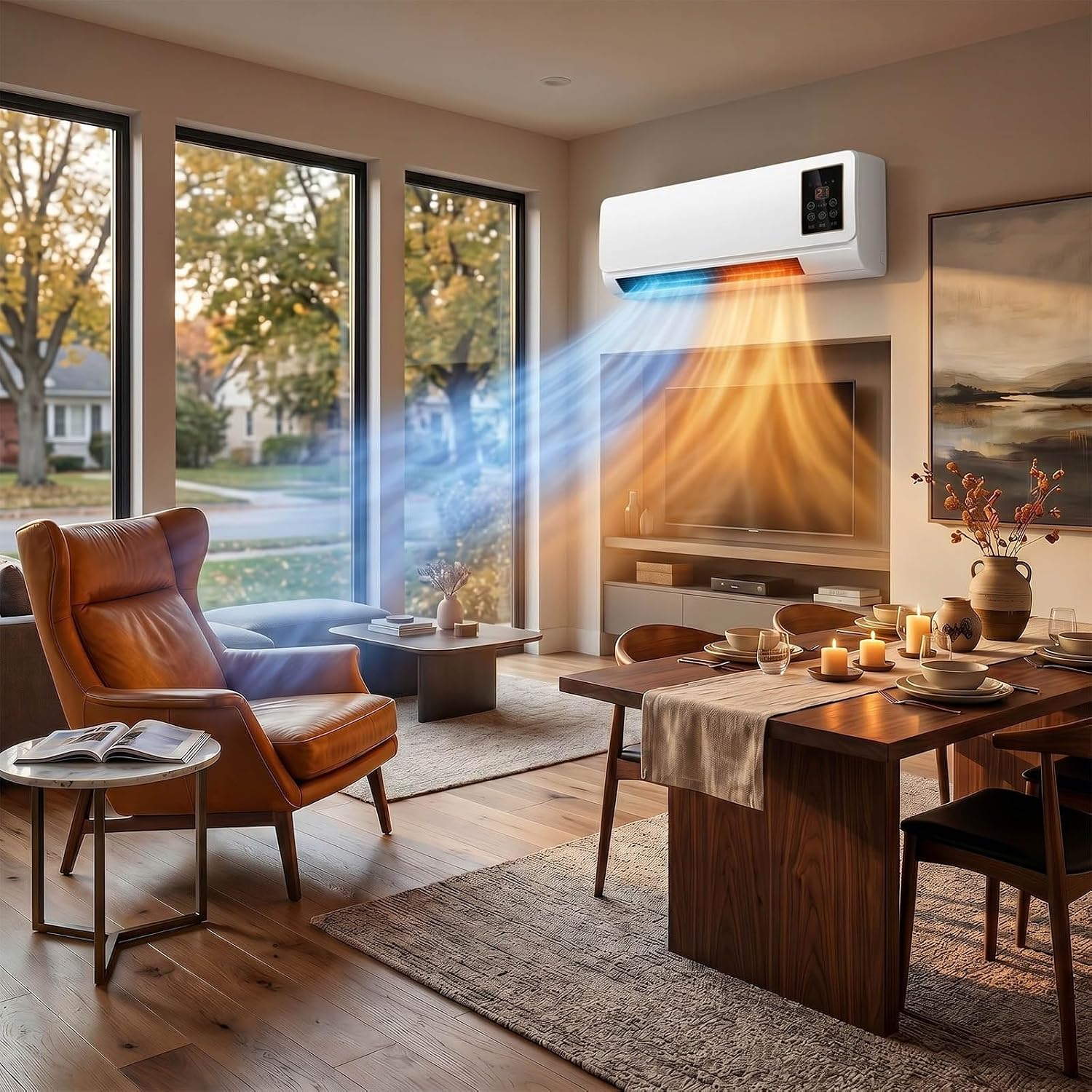 Smart Garden Rooms - เครื่องปรับอากาศติดผนังพร้อมพัดลมและเครื่องทำความร้อนแบบ 2-in-1 อัจฉริยะ ไม่มีท่อระบายอากาศ พร้อมรีโมท ตั้งเวลาได้